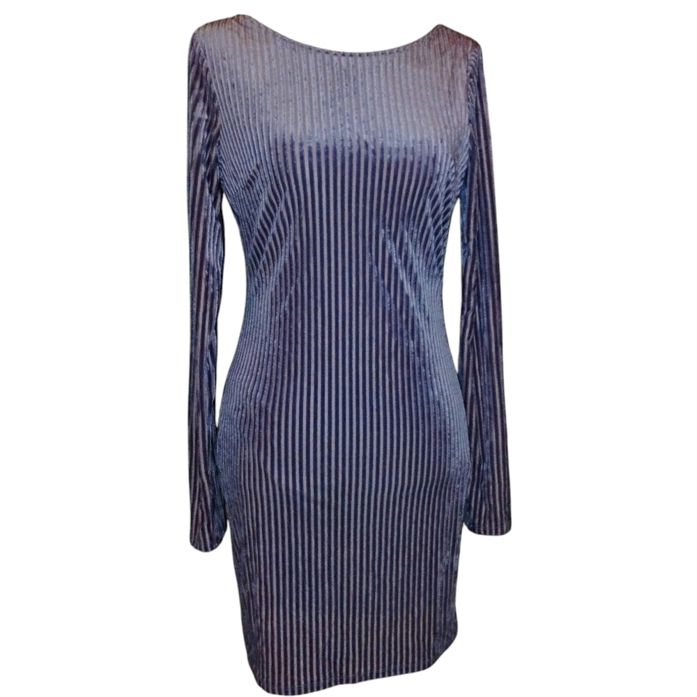 Forever 21 Striped Violet Gray Velvet Long Sleeve Bodycon Party Dress Women's M